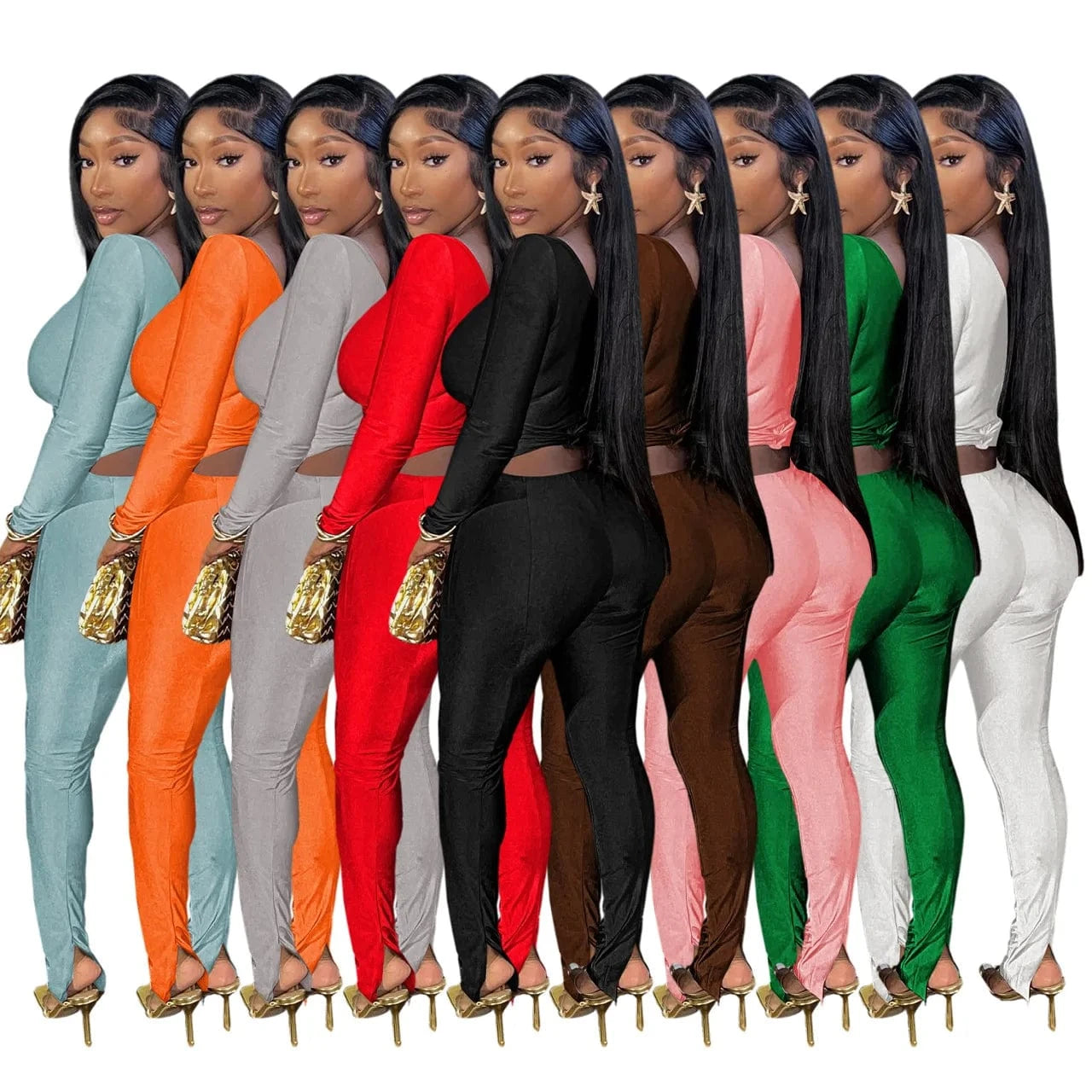 Custom logo Two Piece Pants Set Women Clothes 2024 Long Sleeve Bare shoulders crop top Ladies Casual Legging sport Set