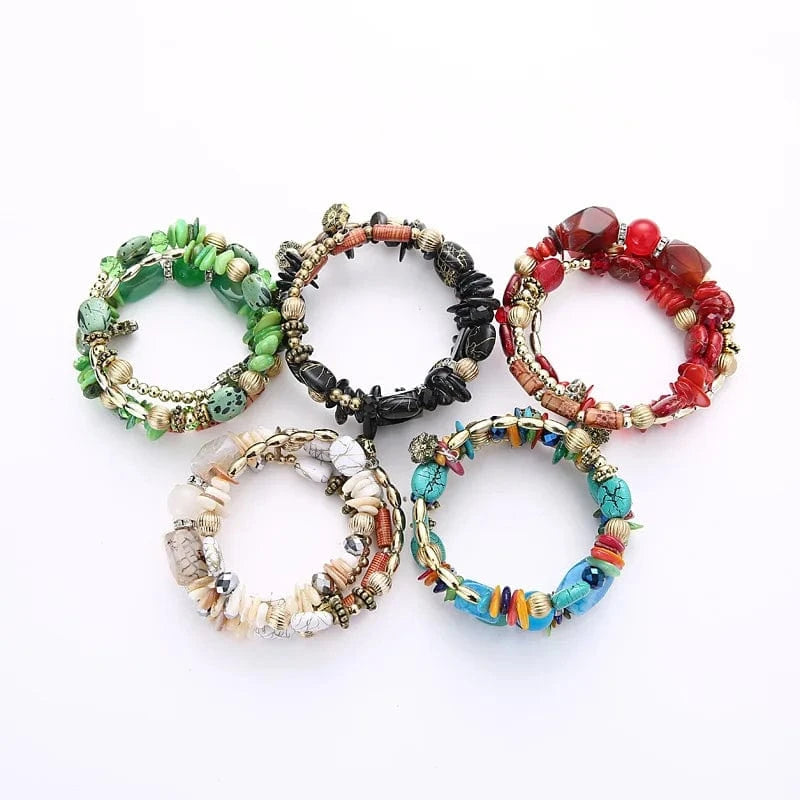 Custom Multi-layer Entangled Bracelet Handmade  Braided Rope Imitate Natural Stone Turquoise  Red Gem Ladies  Bracelet