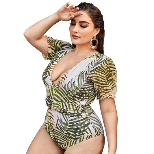 Custom One Piece Swimsuit Short Sleeve Deep V Neck Printed Slimming Recycled Nylon Wireless Plus Size Swimwear 2023