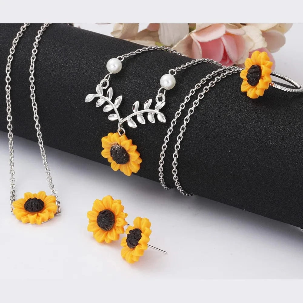 Custom Pearl Leaf Sunflower Pendant Ring Bracelet Necklace Earring Jewelry Set For Birthday Gift
