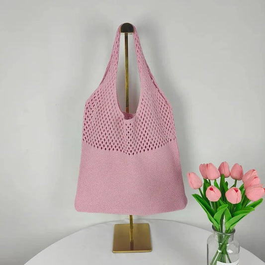 Custom Personalized Knitting Crochet Tote Bags Shoulder Handbags for Women Summer Beach Fashion Weaving Hollow Handbag