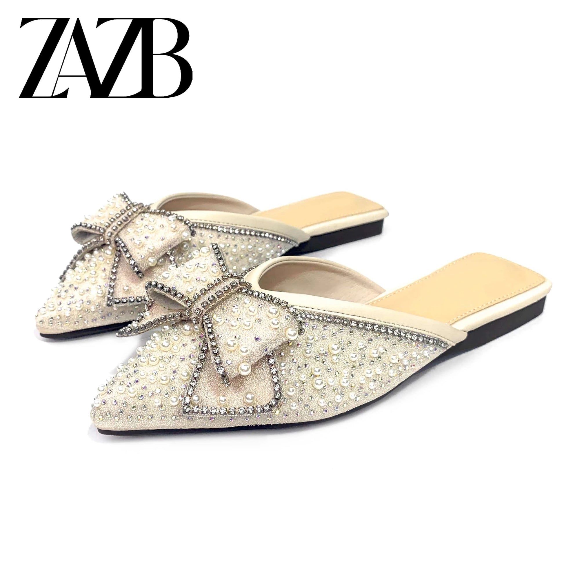 Custom rhinestone bow pointed head designer shoes sandal for women and ladies flat slipper shoes luxury femmes fashion