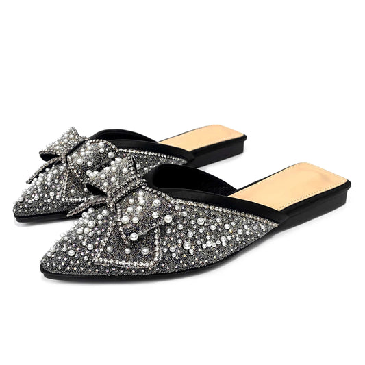 Custom rhinestone bow pointed head designer shoes sandal for women and ladies flat slipper shoes luxury femmes fashion