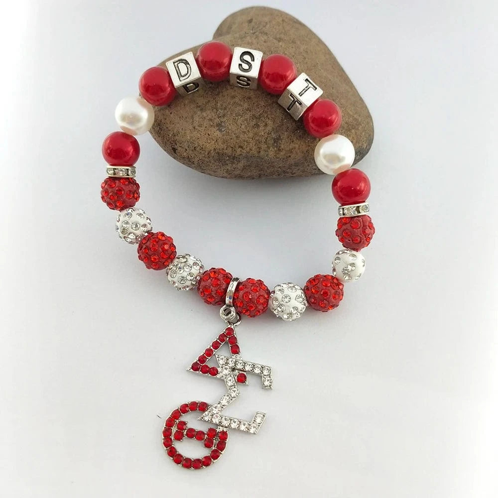 Custom Sorority Letters DELTA DST University Black Women Society Metal Bead Charm Handmade Pearl Elastic Bracelet Bangle Jewelry