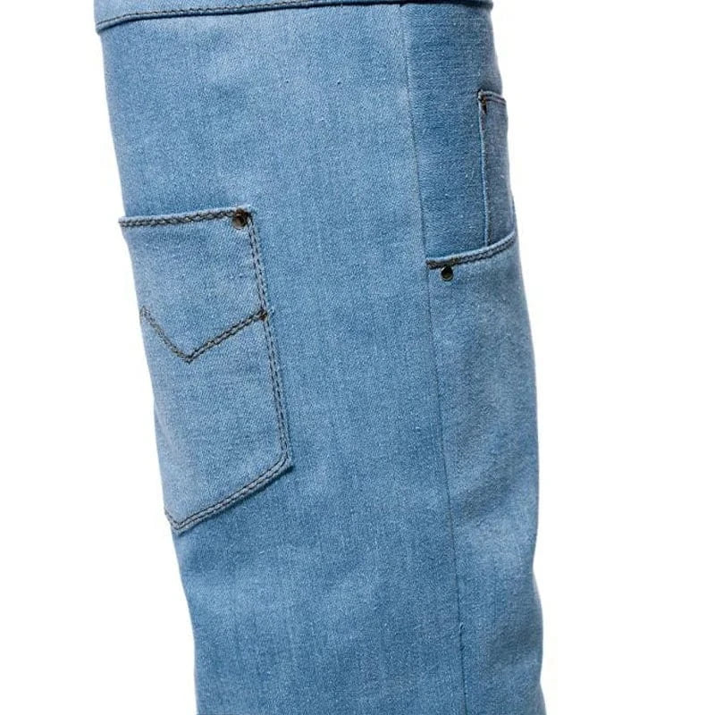 Custom Styles Women Blue Denim Overlay Knee High Boots Ladies High Wedge Heels Shoes Folded Pointed toe Long Booties