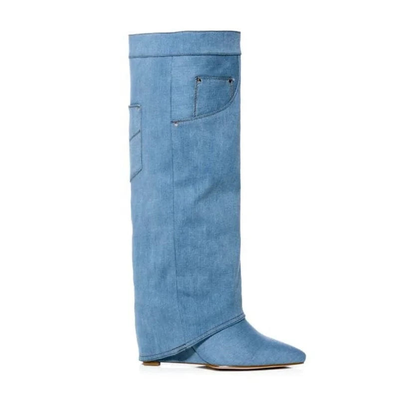 Custom Styles Women Blue Denim Overlay Knee High Boots Ladies High Wedge Heels Shoes Folded Pointed toe Long Booties