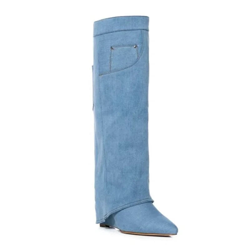 Custom Styles Women Blue Denim Overlay Knee High Boots Ladies High Wedge Heels Shoes Folded Pointed toe Long Booties