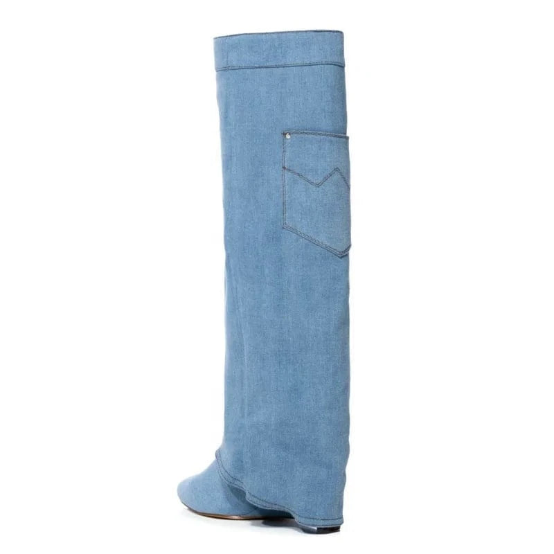 Custom Styles Women Blue Denim Overlay Knee High Boots Ladies High Wedge Heels Shoes Folded Pointed toe Long Booties