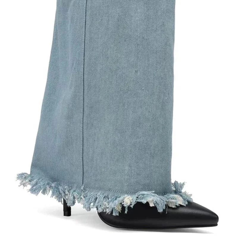 Custom Styles Women Denim Overlay Over Knee High Pants Boots Ladies High Heels Shoes Folded Pointed toe Jeans Long Booties