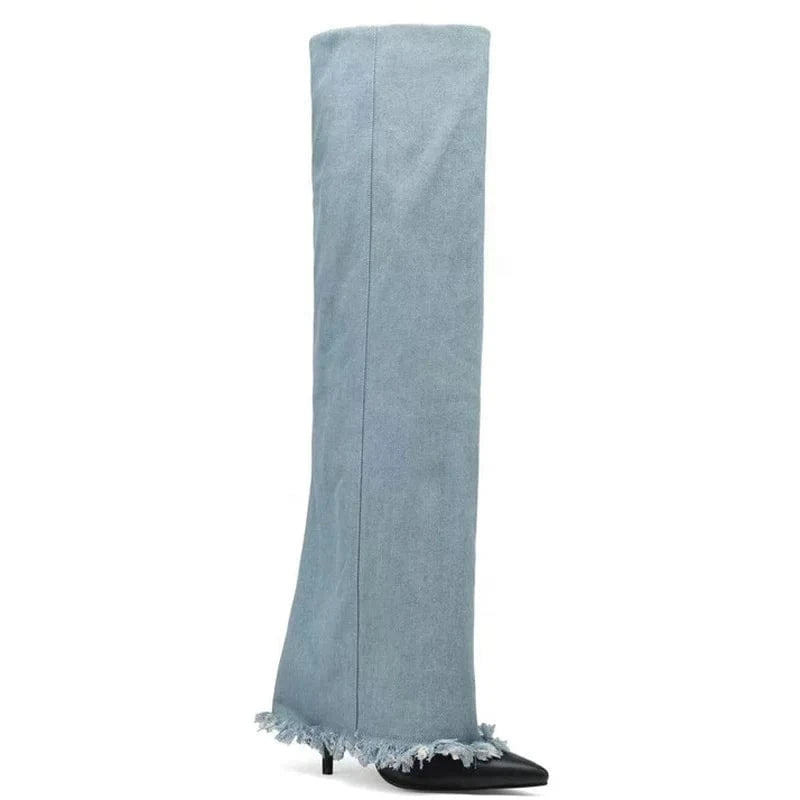 Custom Styles Women Denim Overlay Over Knee High Pants Boots Ladies High Heels Shoes Folded Pointed toe Jeans Long Booties