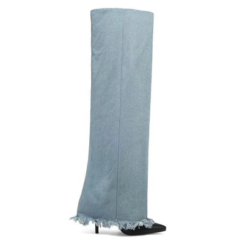 Custom Styles Women Denim Overlay Over Knee High Pants Boots Ladies High Heels Shoes Folded Pointed toe Jeans Long Booties