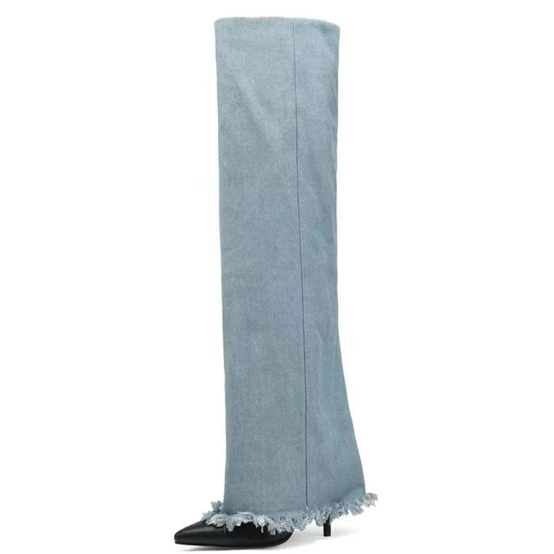 Custom Styles Women Denim Overlay Over Knee High Pants Boots Ladies High Heels Shoes Folded Pointed toe Jeans Long Booties
