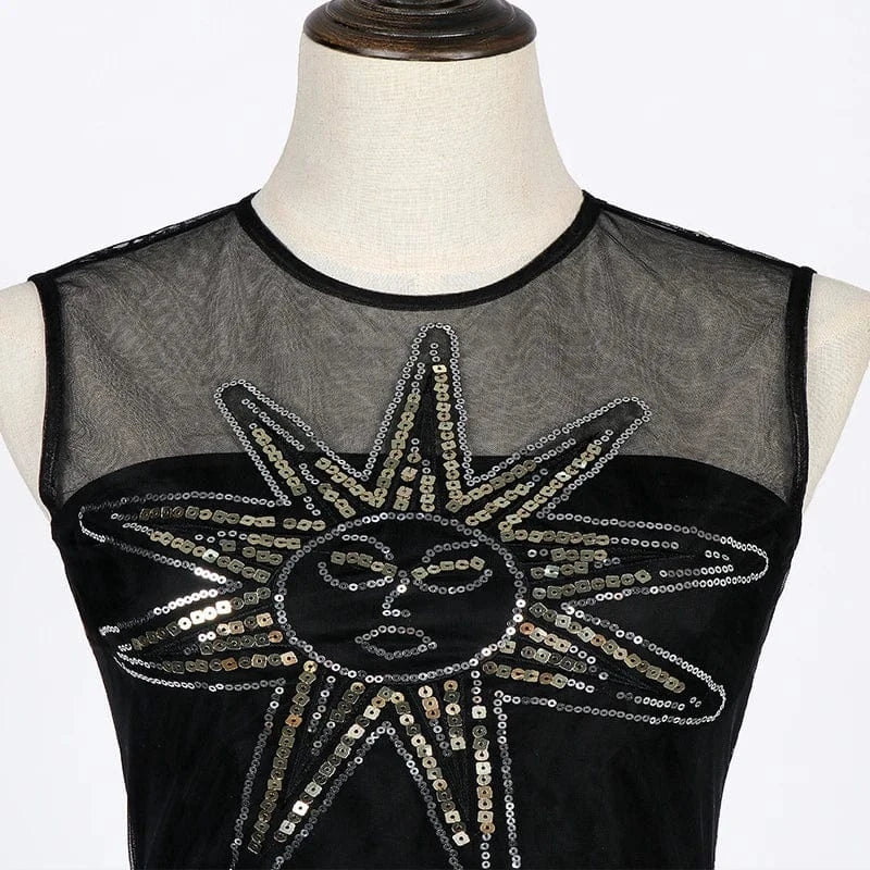 Custom Stylish Women Dress Boutique Black Transparent Mesh Gold Embellished Sequin Evening Party Round Neck Sleeveless Dress