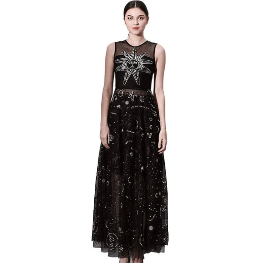 Custom Stylish Women Dress Boutique Black Transparent Mesh Gold Embellished Sequin Evening Party Round Neck Sleeveless Dress