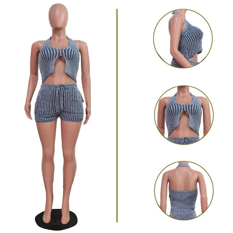 custom summer 2024 women streetwear jersey crochet knit sexy two 2 piece crop tank top and shorts set manufacturer for women