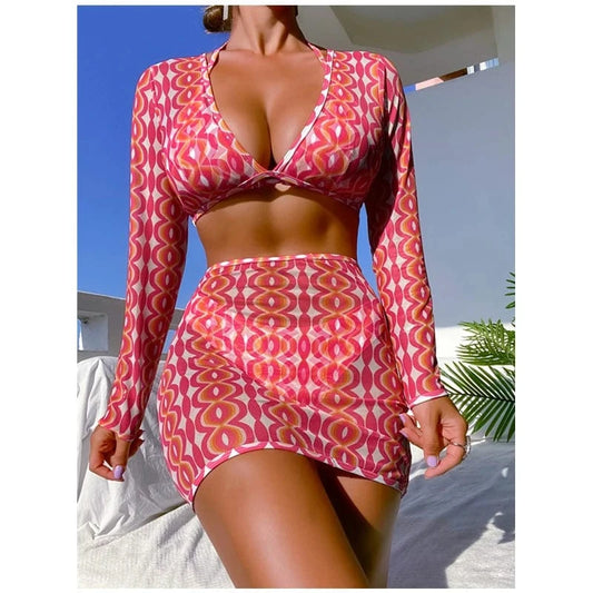 Custom Swimwear 4 Piece Micro Bikini with Mesh Long Sleeve and Skirt Cover Up Women's Swimsuit Sexy 2024 New Trend Bathing Suits