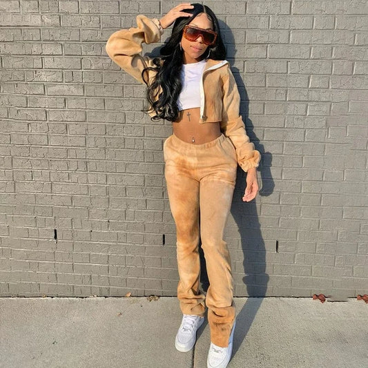 Custom Tie Dye Print Winter Two Piece Pants Set Fall Women's Clothing Zipper Crop Hoodies Jogger Sweatsuits 2024