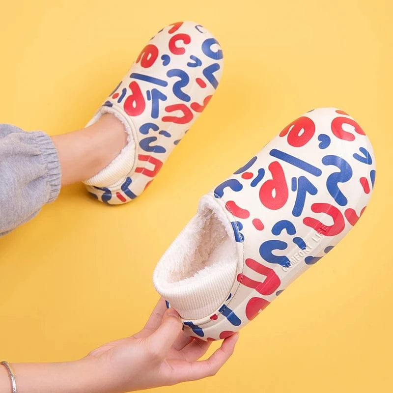 Custom Warm Eva Winter Fuzzy Ladies Sandals Flat Half Shoes Cartoon Color Printing Furry Female Men'S Slides Slippers Wholesale