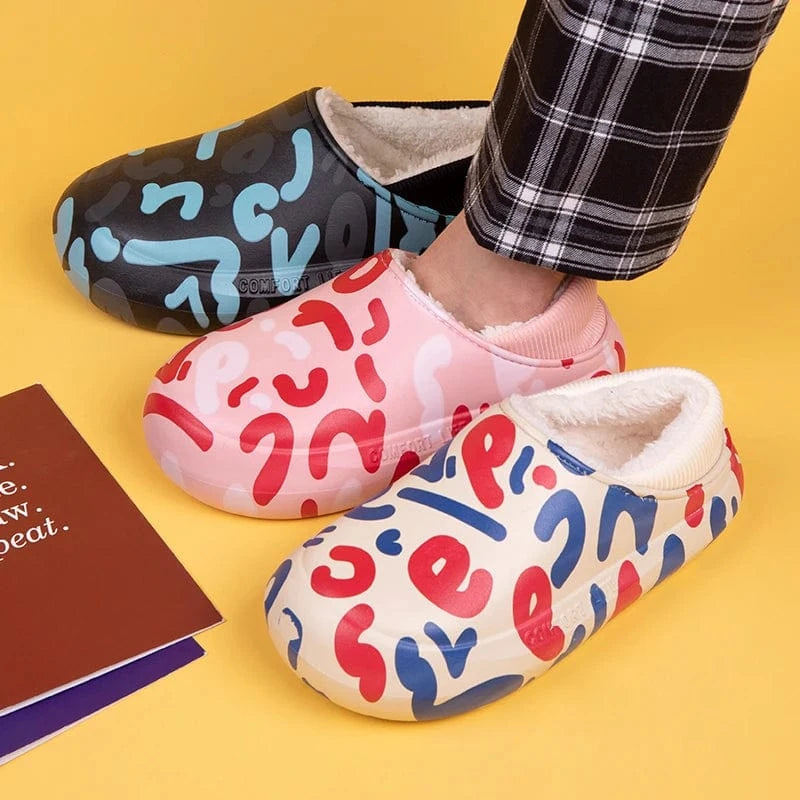 Custom Warm Eva Winter Fuzzy Ladies Sandals Flat Half Shoes Cartoon Color Printing Furry Female Men'S Slides Slippers Wholesale