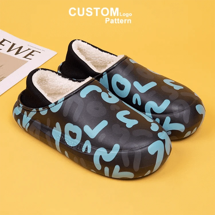 Custom Warm Eva Winter Fuzzy Ladies Sandals Flat Half Shoes Cartoon Color Printing Furry Female Men'S Slides Slippers Wholesale
