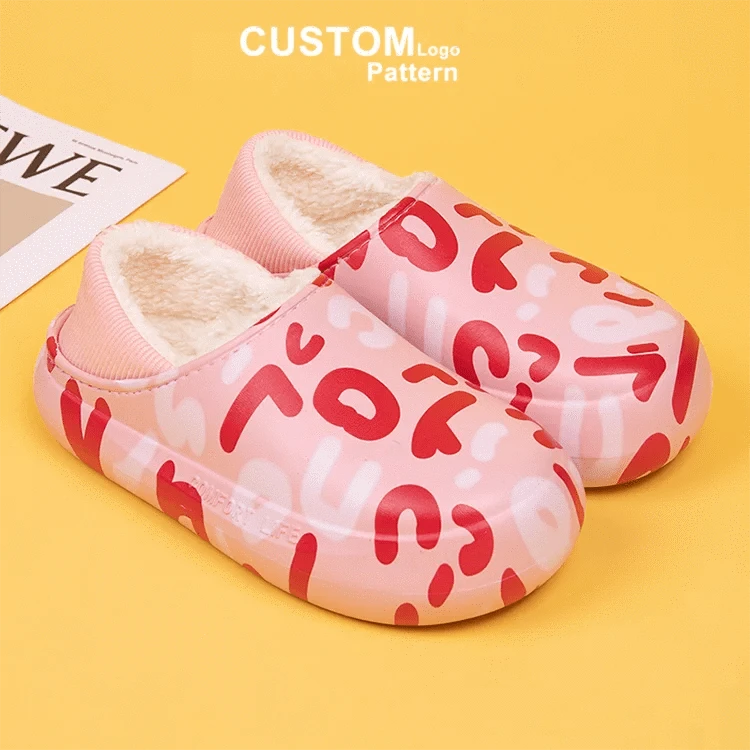 Custom Warm Eva Winter Fuzzy Ladies Sandals Flat Half Shoes Cartoon Color Printing Furry Female Men'S Slides Slippers Wholesale