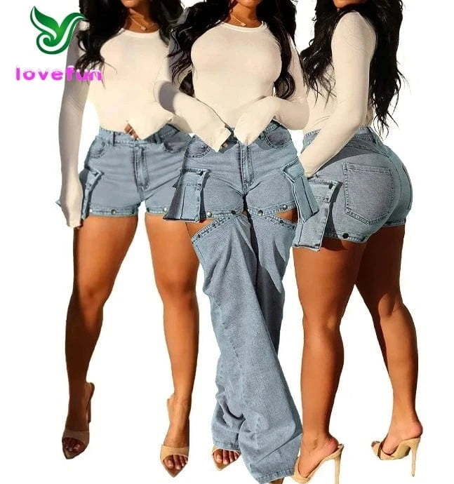 Custom Wholesale Removable Denim Pants Multi Pocket Shorts Trouser Legs Trendy Stretch Washed Jeans For Women