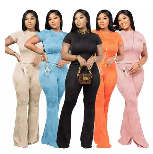 custom women casual clothing summer 2024 solid pleated full length pants and short sleeve top t shirt two 2 piece set for women