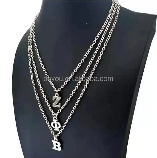 Custom Zeta Phi Beta Sorority Silver Greek Letter Z Rhinestone Dove White Shield Pendants 3 Layers Necklace Set Jewelry
