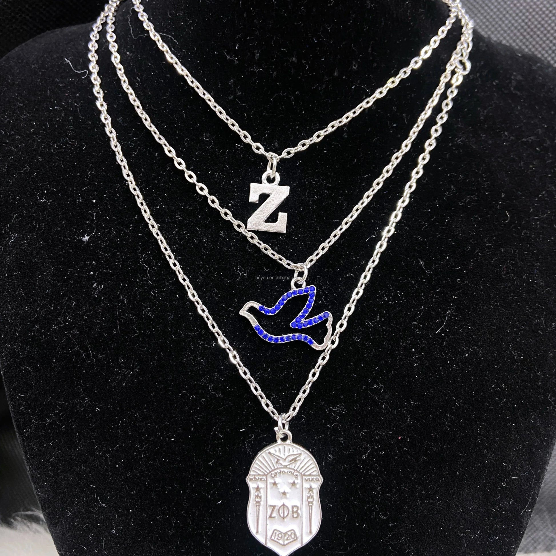 Custom Zeta Phi Beta Sorority Silver Greek Letter Z Rhinestone Dove White Shield Pendants 3 Layers Necklace Set Jewelry