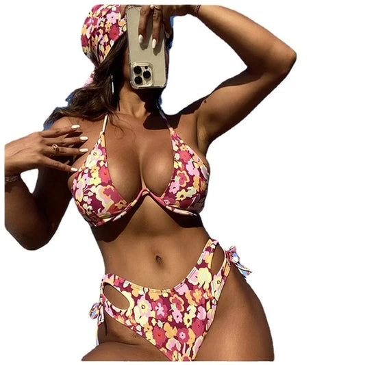 Customization Bikini Set 2024 Girls Sexy Bathing Suits Spaghetti Strap Flower Swimwear Underwire Swimsuit Push Up