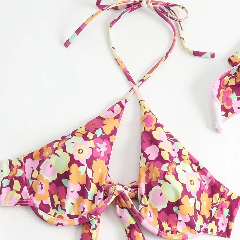 Customization Bikini Set 2024 Girls Sexy Bathing Suits Spaghetti Strap Flower Swimwear Underwire Swimsuit Push Up
