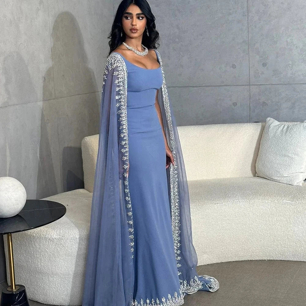 customize / 1 Luxury Crystal Blue Mermaid Dubai Evening Dresses with Cape Sleeves Elegant Arabic Women Wedding Party Gowns SZ445
