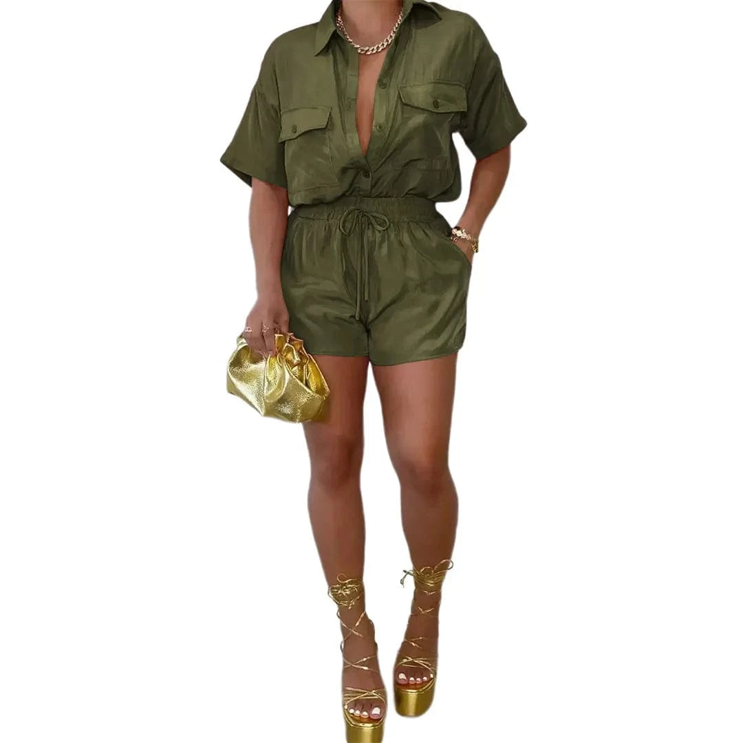 Customized / Army Green Lounge Wear Ladies Outfit Sexy Solid Suits Half Sleeve Shirt Tops Loose Two Piece Tracksuit Drawstring Track Biker Shorts Sets