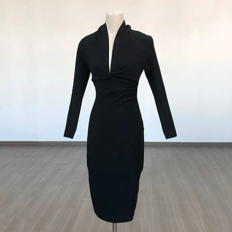 customized / Black BA042 New Women's Top Party Casual Bandage Dress Long Sleeve High Quality Midi Vestidos Bodycon Deep V-Neck Sexy Evening Dresses