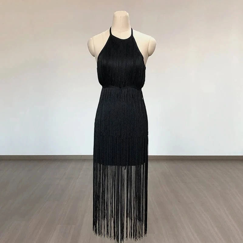 customized / Black New Elegant Long Tassel Party Evening Dress O-Neck Bandage Dress Sexy Midi Bodycon Casual Dress High Quality Vestidos for Woman
