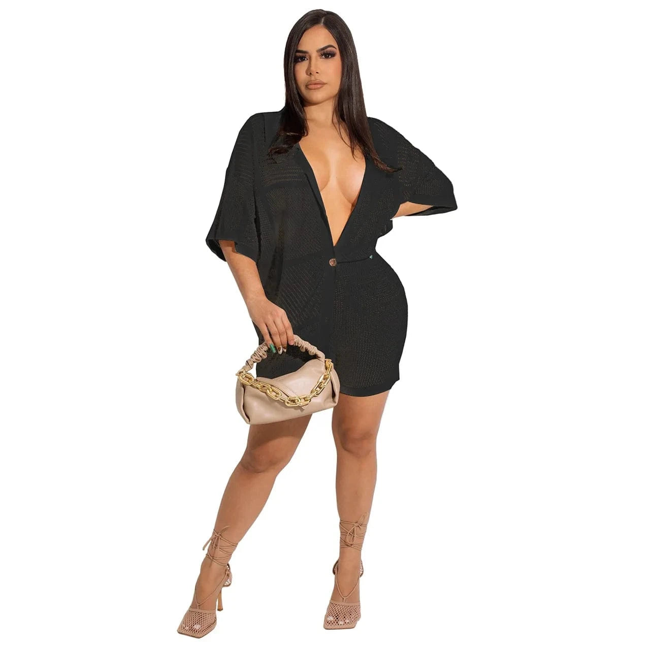 Customized / Black Sexy Knitted Outfits Polo Short Sleeve Single Breasted Tops Two Piece Biker Short Cardigan Sweater Sets Women 2 Piece Sets