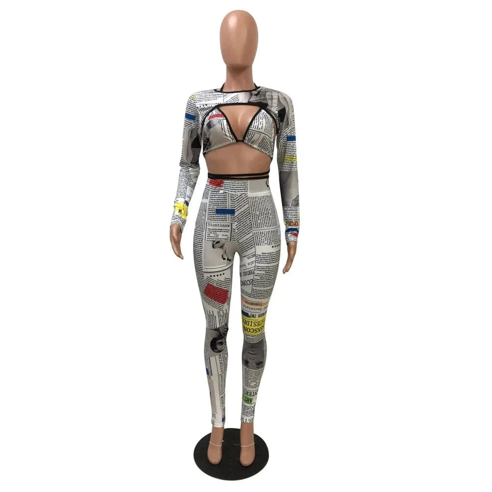 Customized / Black Women Skinny O-Neck Long Sleeve Streetwear Female Outfits Clubwear Legging Newspaper Pants Two Piece Set Tights And Bra Top