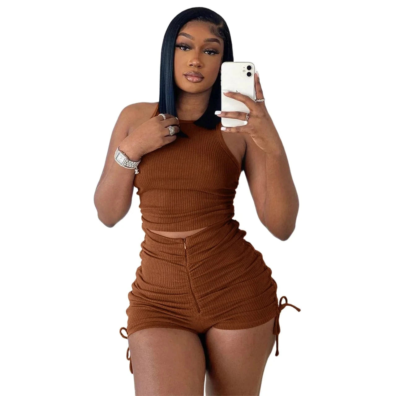 Customized / Brown Cheap Summer Crop Top Tank Sets Women Casual Two Piece Set Sexy Cotton Vest High Waist Pleated Knitted 2 Piece Short Set