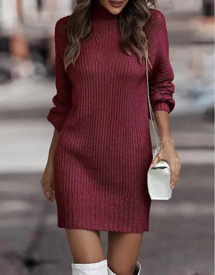 Customized / Burgundy New Arrival Clothes Vintage Winter Knitted Dress Ladies Chic Turtleneck Lantern Long Sleeve Mini Sweater Dresses for Women