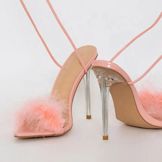Customized Clear Heel Sandals Fashion Pink Furry Sexy Pointed Toe Lace-up Women Sandals