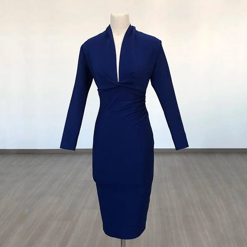 customized / Dark blue BA042 New Women's Top Party Casual Bandage Dress Long Sleeve High Quality Midi Vestidos Bodycon Deep V-Neck Sexy Evening Dresses