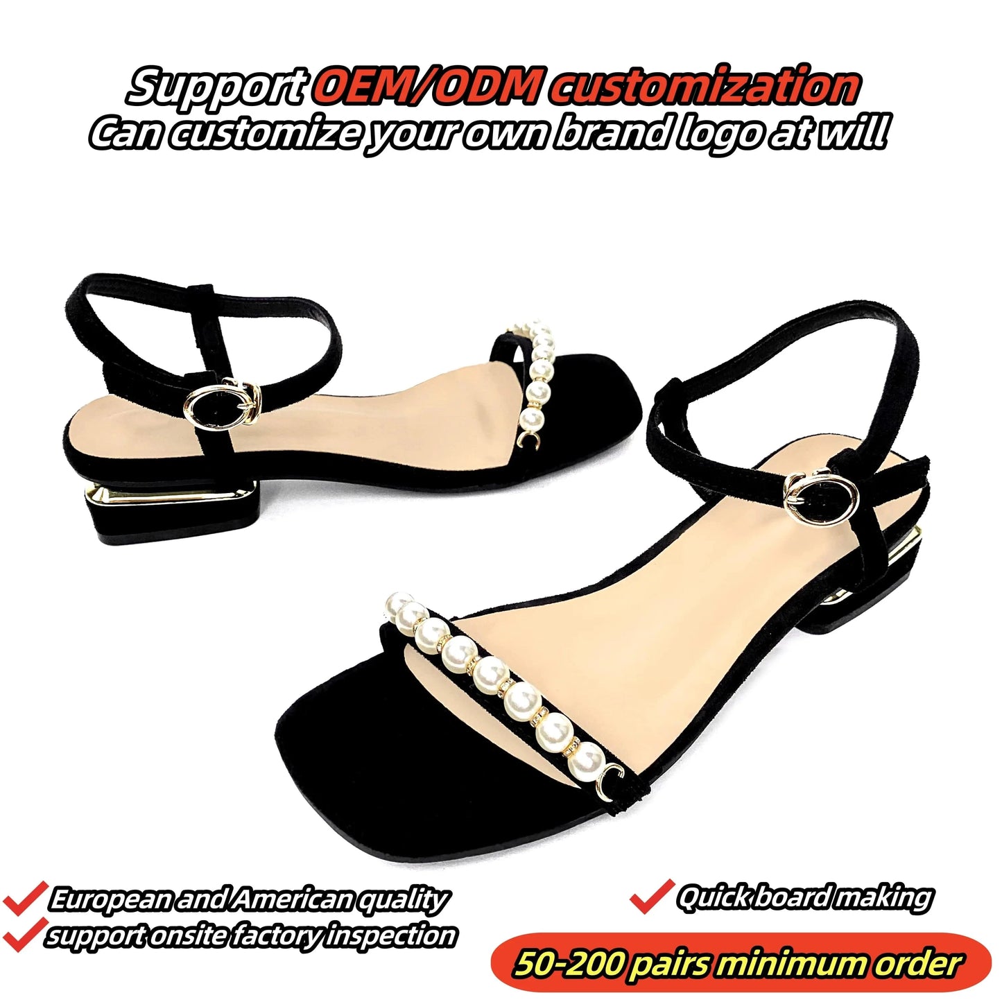 Customized fine sandals Black metal chain decoration Fashion comfortable medium heel sandals