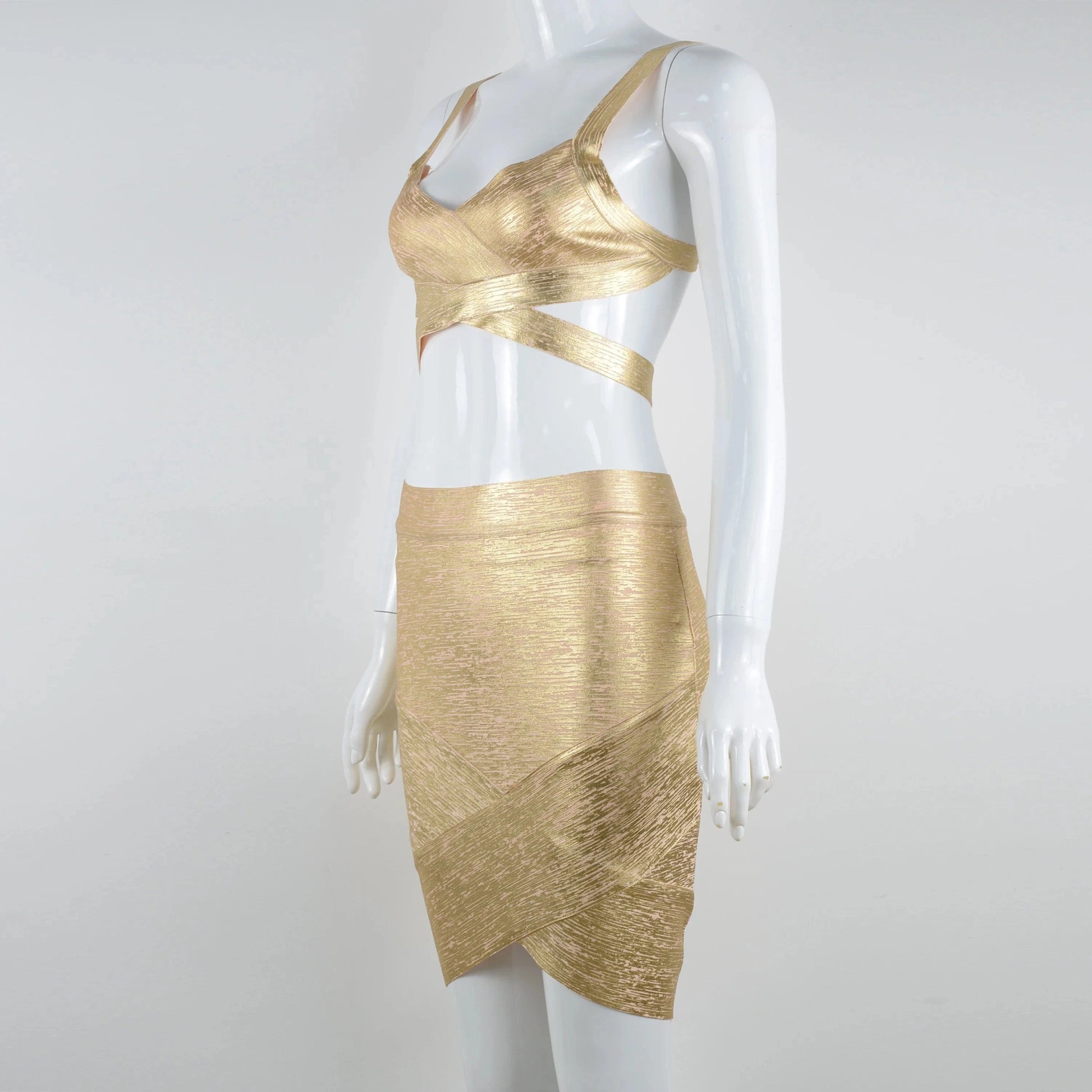 customized / Golden High quality sexy sleeveless high waist bodycon 2 picecs set  bandage dress evening party women 's casual dress