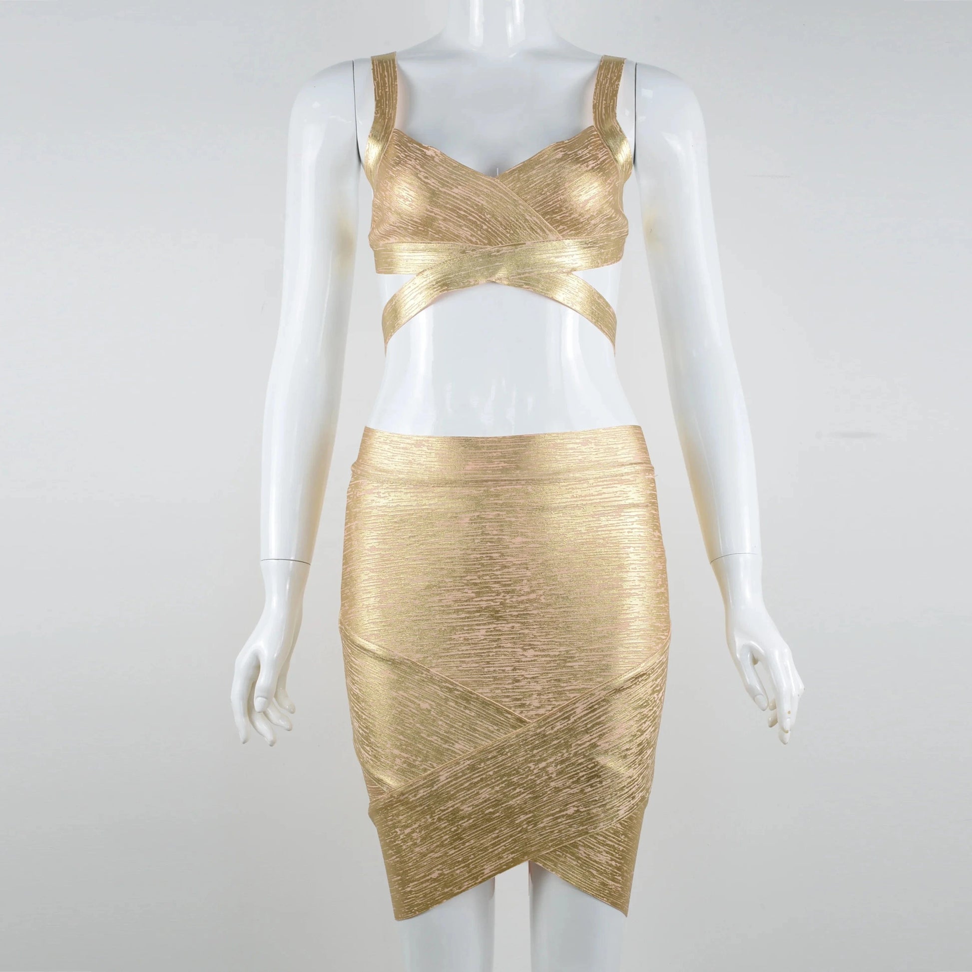 customized / Golden High quality sexy sleeveless high waist bodycon 2 picecs set  bandage dress evening party women 's casual dress