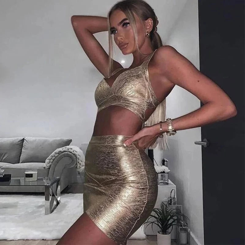 customized / Golden High quality sexy sleeveless high waist bodycon 2 picecs set  bandage dress evening party women 's casual dress