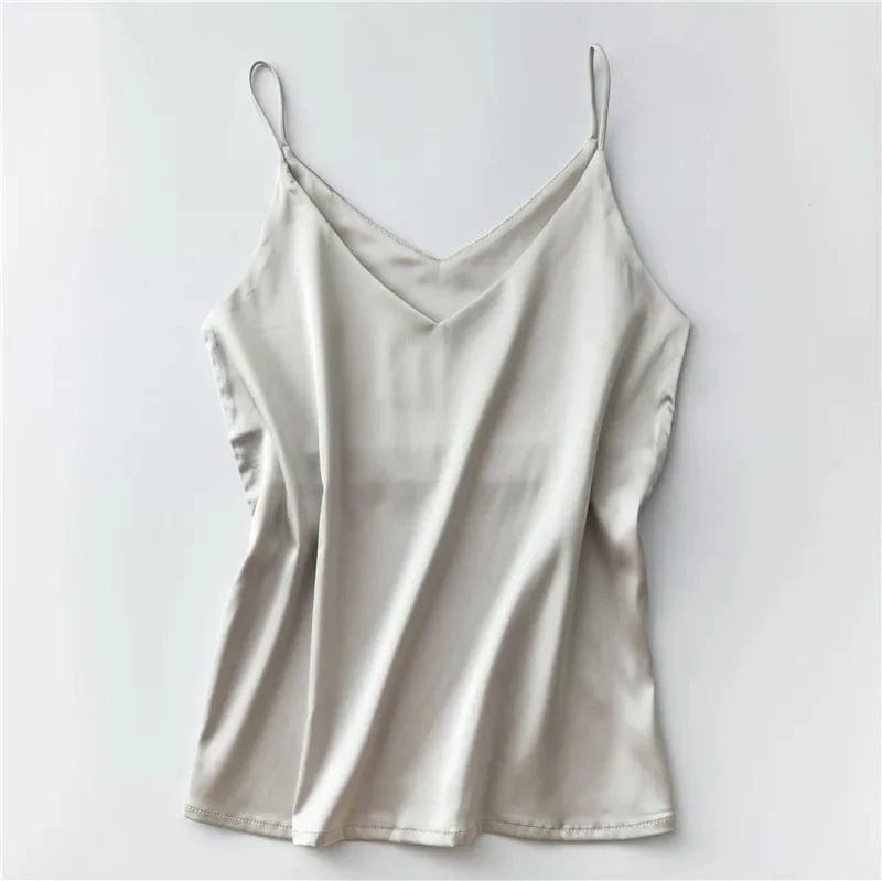 Customized / Gray Women Summer Silk-Like Satin Tank Top Camisole Ladies Bottoming Shirt Sexy V-Neck Plain Camis 2024