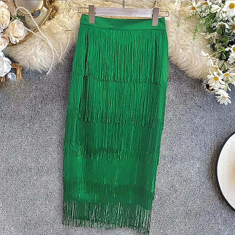 Customized / Green Women Green Midi Length Ladies Slim Jupe Saias Faldas Sexy Bodycon High Waist Stretch Sheath Fringe Pencil Tassel Girl Skirts