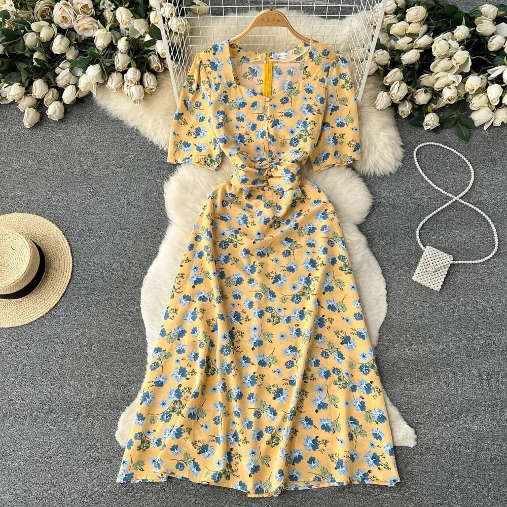 Customized Korean Retro Floral Mid Length Slim Fit Holiday Summer Dress