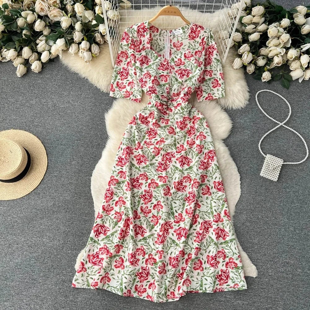 Customized Korean Retro Floral Mid Length Slim Fit Holiday Summer Dress
