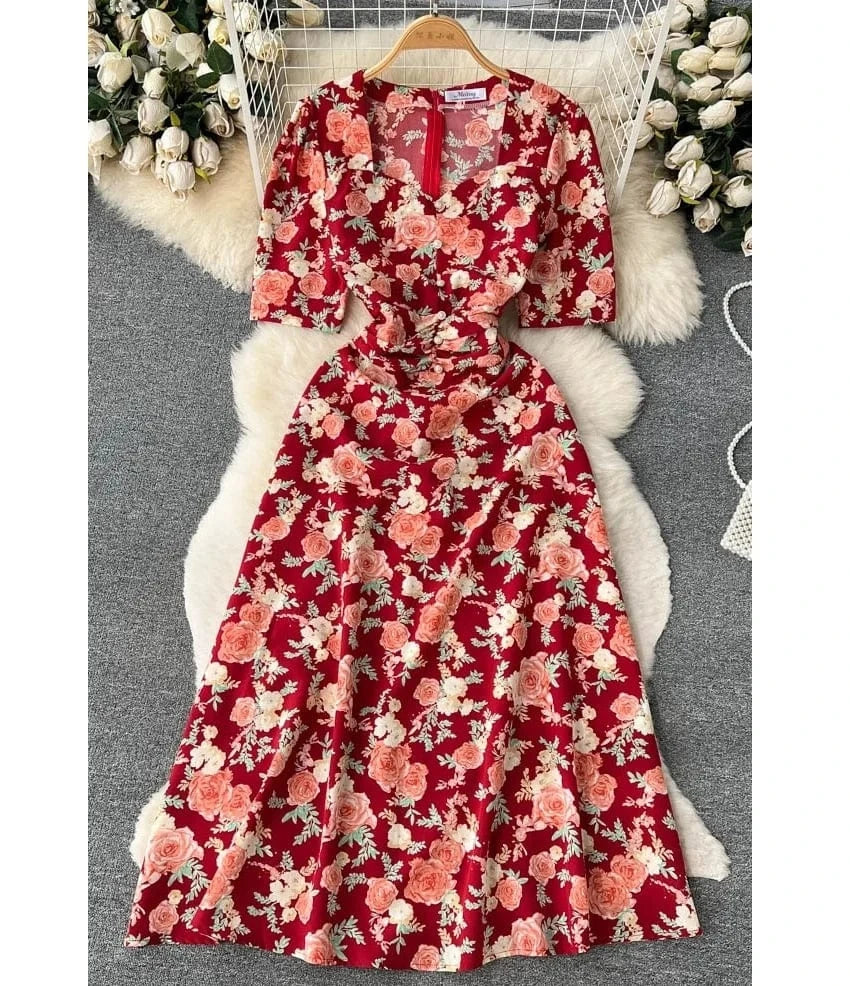 Customized Korean Retro Floral Mid Length Slim Fit Holiday Summer Dress